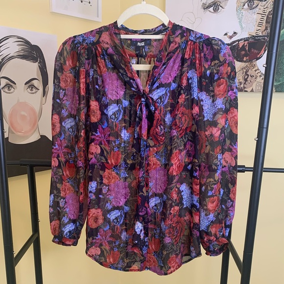 💫HP‼️💫 100% SILK NWT PAIGE Elynne Floral Blouse w/ Neck Tie in Black, Size XXS - Picture 7 of 8